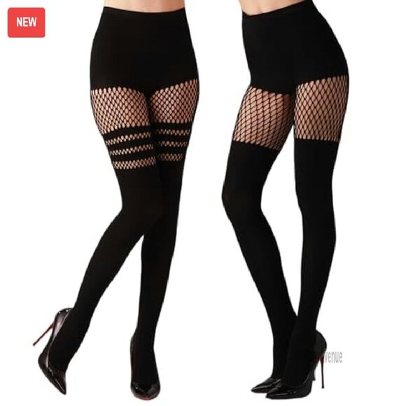 Mock Suspender Fishnet Tights Pack of 2 - Faux Thigh High Stockings - Picture 2 of 8